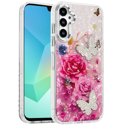For Samsung Galaxy A36 Epoxy Glitter Flowers Bling 3D Butterfly Fashion TPU Hybrid with Shockproof Protection Case Cover