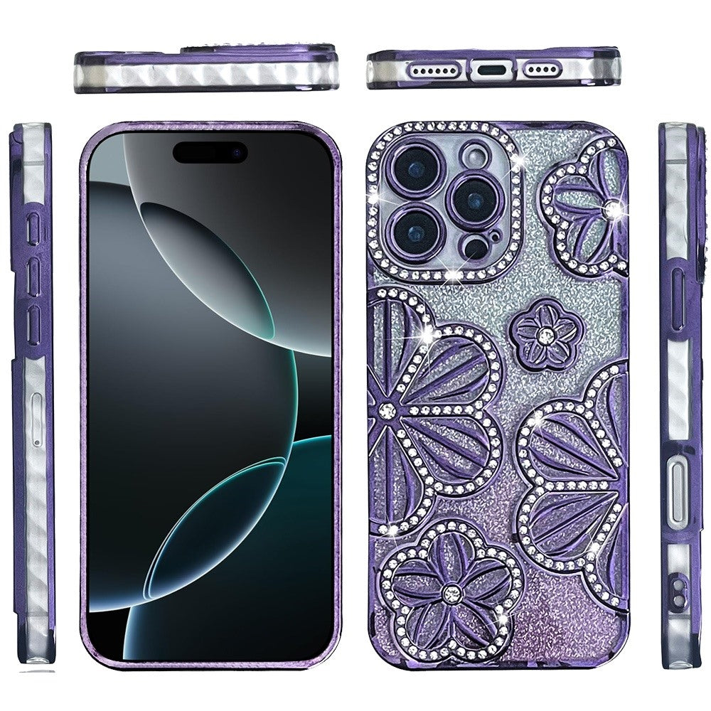 For iPhone 16 Pro Max (6.9") Luxury Flower Design Sparkle Glitter Diamond Rhinestone Shimmer Bling Plating Thick TPU Hard PC Case Cover