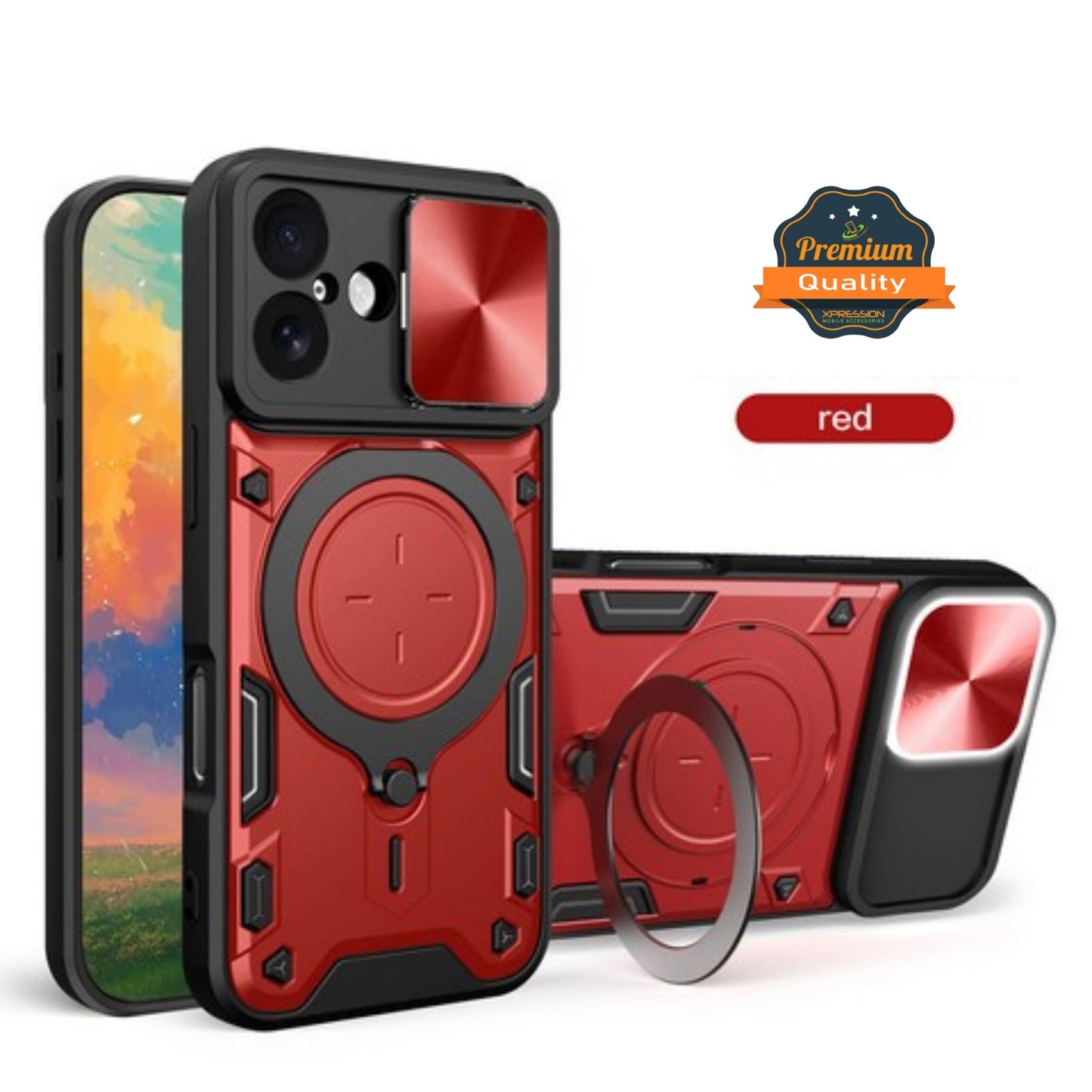 For Apple iPhone 17 Hybrid Shockproof with Magnetic Ring Stand, Compatible with Magsafe & Sliding Camera Lens Protector Case Cover