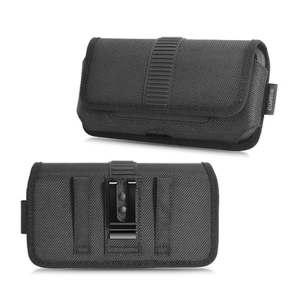 For Apple iPhone 16 Pro (6.3") Universal Horizontal Nylon Phone Case Carrying Pouch Cover with Card Storage Pocket & Belt Clip Loop Holster Front Grip [Black]