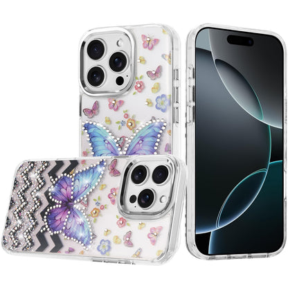 For iPhone 16 Pro Max (6.9") Butterfly Resin Epoxy Diamond Design Metal Edged Hybrid Shockproof Heavy Duty Drop Protection Protector