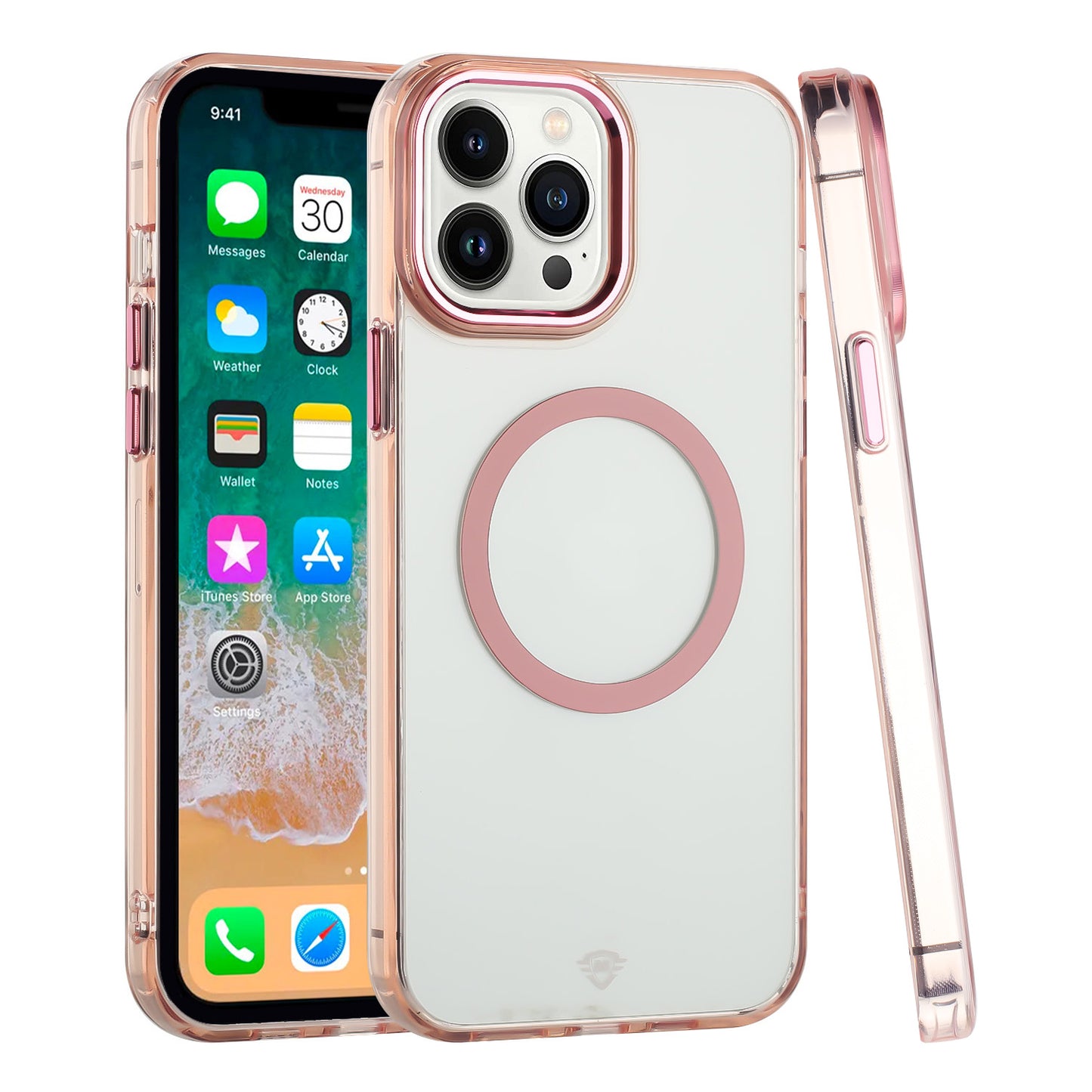 For Apple iPhone 13 Pro Transparent Back Hybrid Case - Magnetic Circle, Color Frame, Metal Buttons, MagSafe Compatible Case Cover Rose Gold