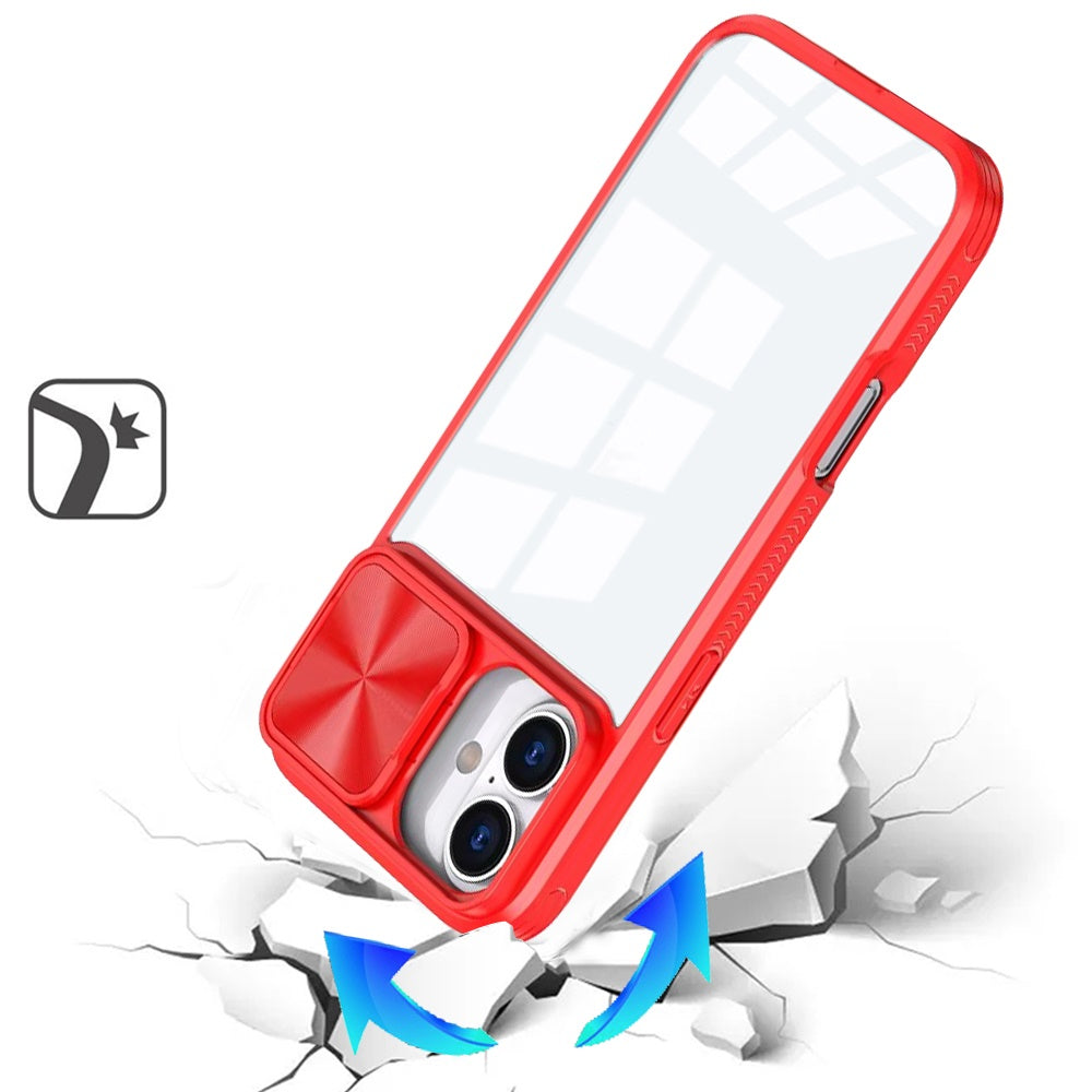 For Apple iPhone 17 (6.3") Hybrid Cases with Sliding Camera Cover Transparent Shockproof Bumper TPU Protective Case Cover Red