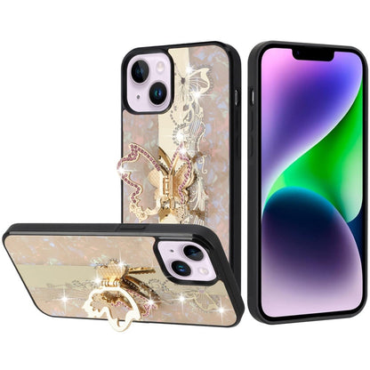 For iPhone 14/13 (6.1") Diamonds 3D Butterfly Bling Sparkly Glitter Ornaments Engraving Hybrid Metal Fashion Case Cover Good Luck Floral Cosmic Orange