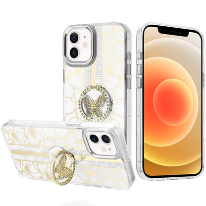 For iPhone 12 / iPhone 12 Pro (6.1") Diamonds 3D Butterfly Floral Design Bling Sparkly Glitter Hybrid Metal Fashion with Ring Stand Case Cover