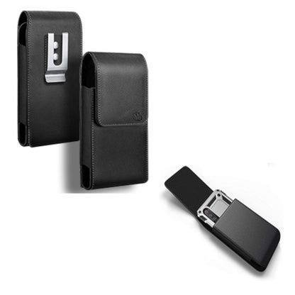 For Apple iPhone 16 Plus (6.7") Universal PU Leather Vertical Phone Pouch Holder Carrying Case [Magnetic Closure] With Fixed Belt Clip Holster Hybrid [Black]