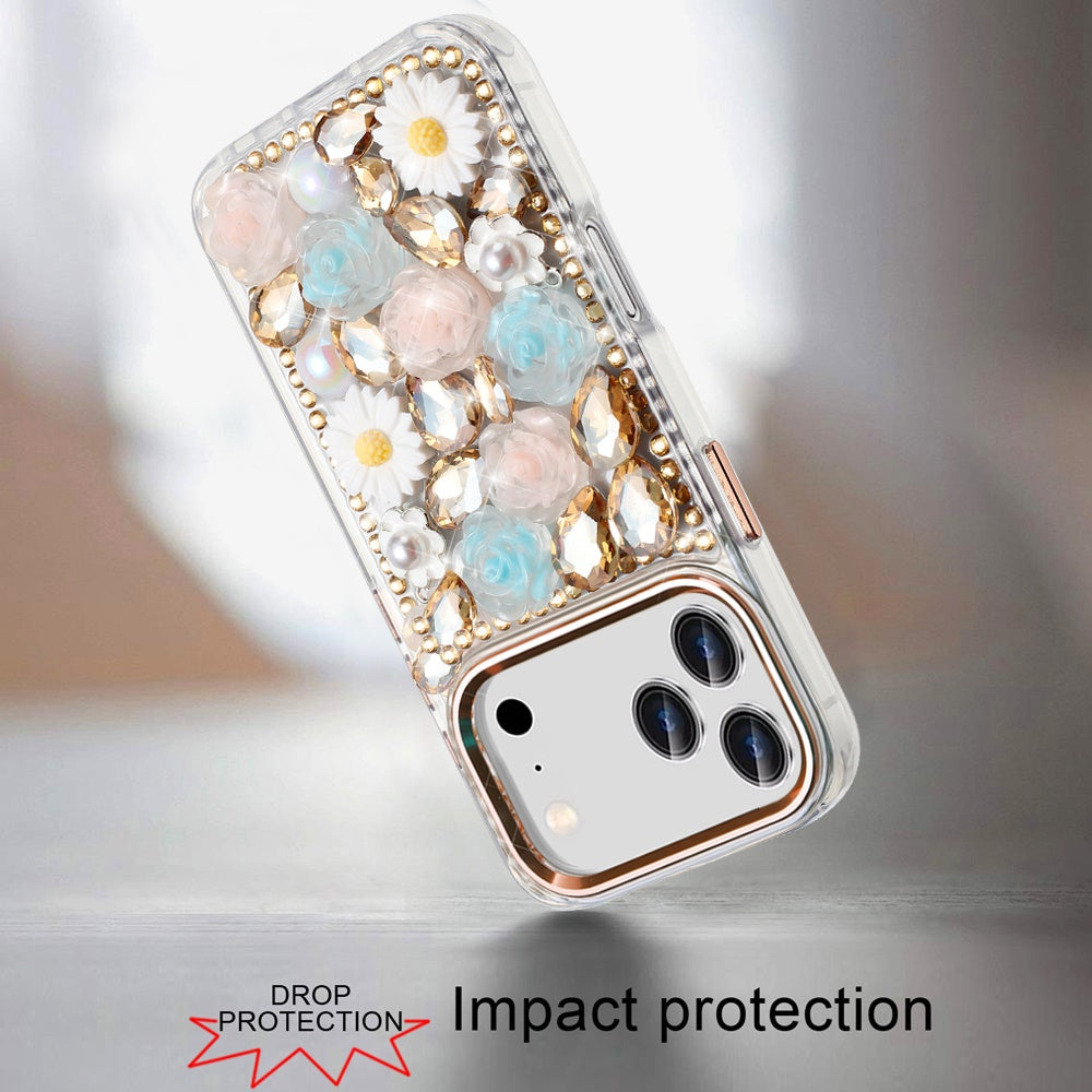For Apple iPhone 17 Pro (6.3") Fashion Daisy Floral Series, Full 3D Bling Crystal Diamonds Sparkling Rhinestone Glitter Hybrid Design Case Cover