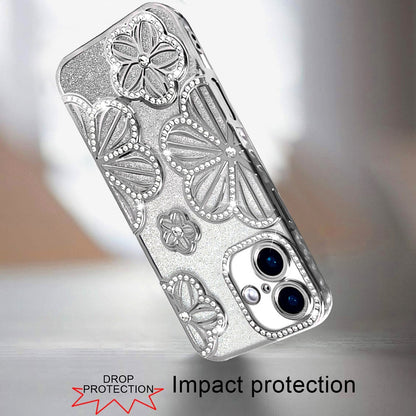 For iPhone 16 (6.1") Luxury Flower Design Sparkle Glitter Diamond Rhinestone Shimmer Bling Plating Thick TPU Hard PC Case Cover