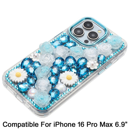Phone Case for Apple iPhone 16 Pro Max Full Bling Rhinestone Glitter Floral Luxury Hybrid Shockproof Stylish Sparkling Protective Designer Ornament Cover