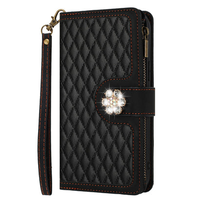 For Apple iPhone 16 Pro (6.3") PU Leather Wallet Design Jewel Bling with Credit Card Holder Flip Folio Pouch Zipper Purse Wrist Strap Case Cover