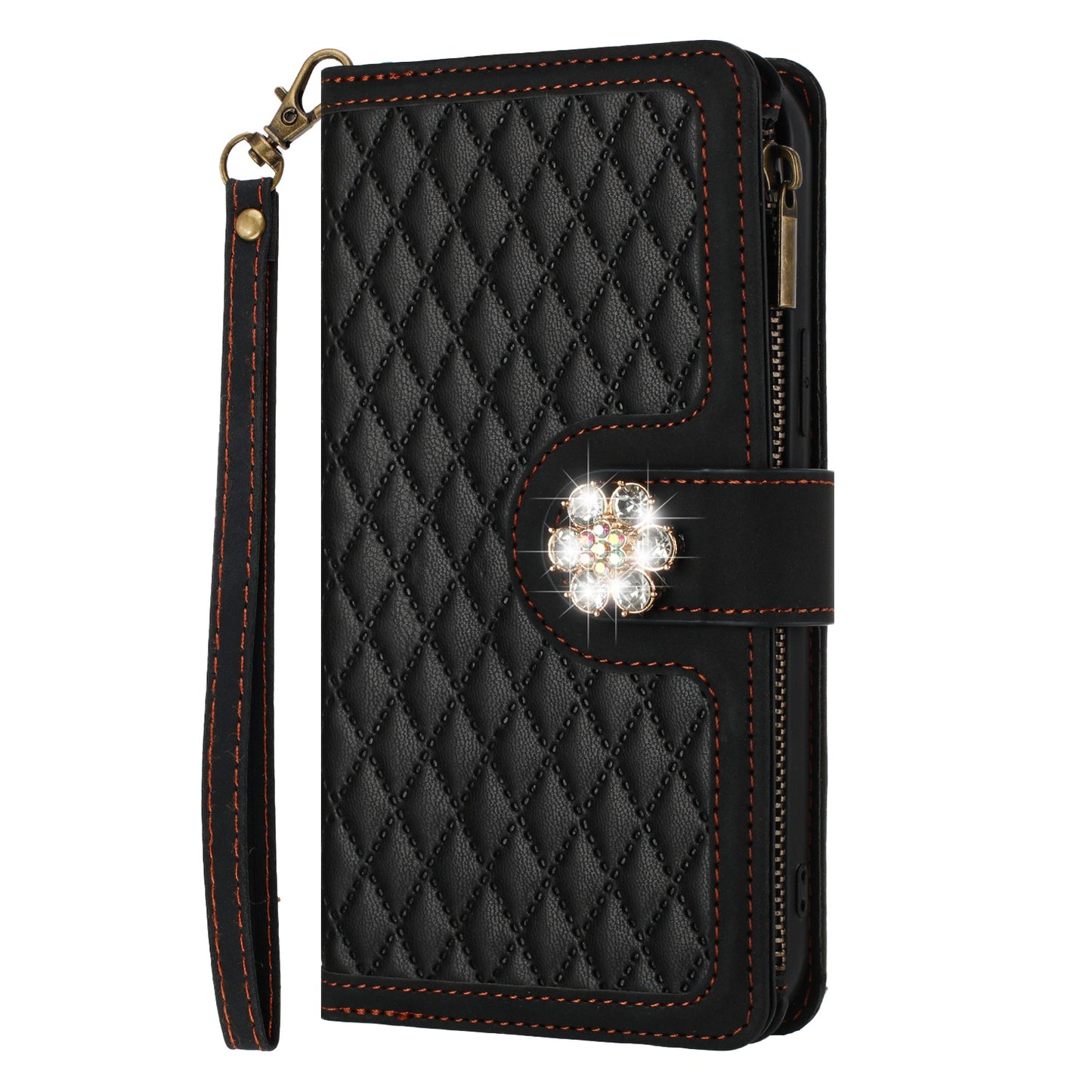 For Apple iPhone 16 (6.1") PU Leather Wallet Design Jewel Bling with Credit Card Holder Flip Folio Pouch Zipper Purse Wrist Strap Case Cover