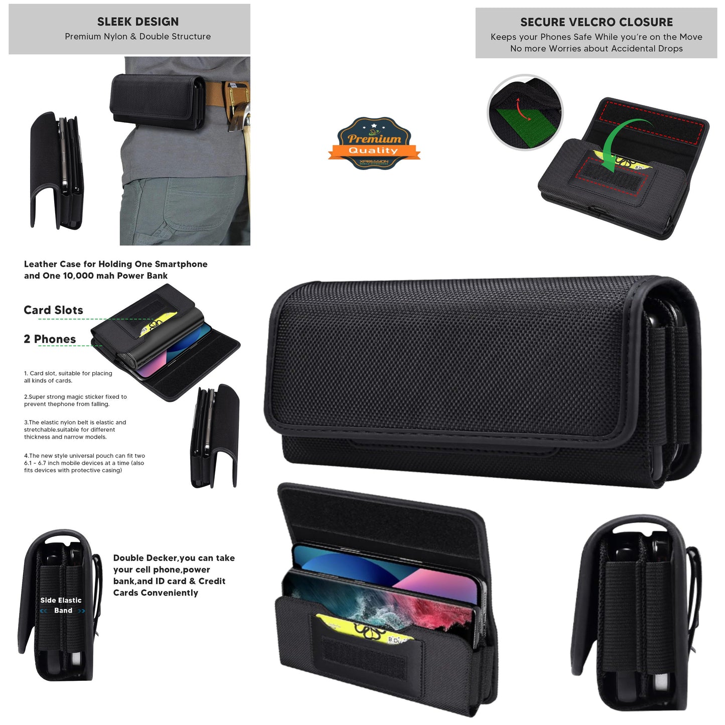 For Apple iPhone 16 Pro (6.3") Universal Dual Horizontal Nylon Case For Two Phone Carrying Pouch Large Cover with Card Storage Pocket & Belt Clip Loop Holster [Black]