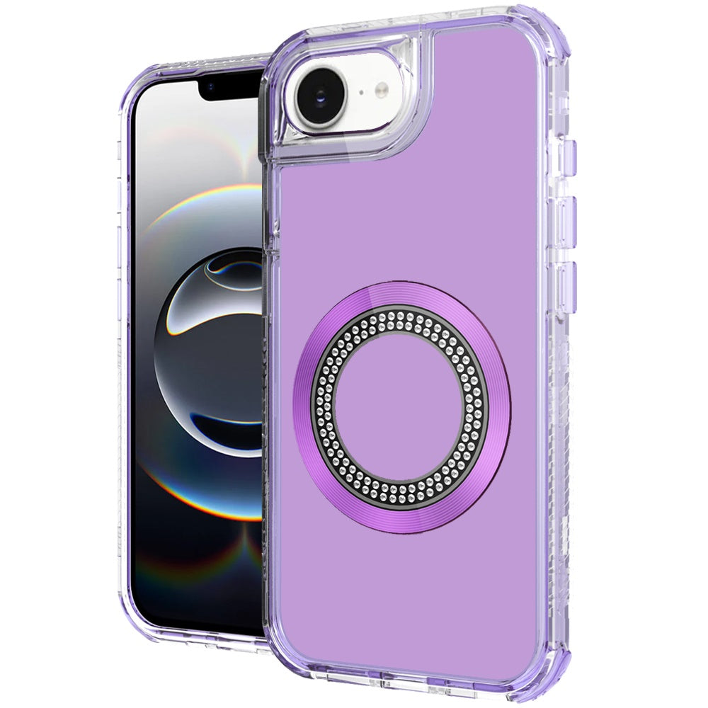 For Apple iPhone 17E /16E Magnetic Circle Compatible with Magsafe, Hybrid Chrome 3in1 Transparent Shockproof TPU Bumper Case Cover Purple