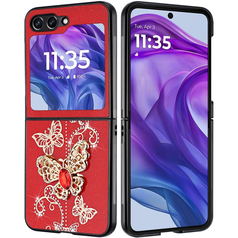 For Samsung Galaxy Z Fold 7 Diamonds 3D Butterfly Bling Sparkly Glitter Ornaments Engraving Hybrid Metal Fashion Case Cover Red Garden Butterflies