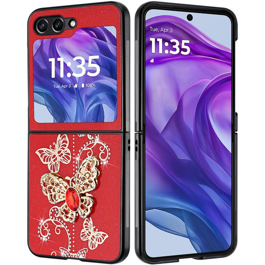 For Samsung Galaxy Z Flip 7 FE Diamonds 3D Butterfly Bling Sparkly Glitter Ornaments Engraving Hybrid Metal Fashion Case Cover Red Garden Butterflies