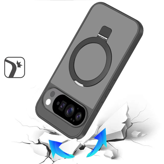 For Google Pixel 10 Pro XL Magnetic Circle Back with Ring Stand Full Rotation Matte Hybrid Shockproof Case Cover Black