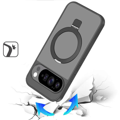 For Google Pixel 10 /Pixel 10 Pro Magnetic Circle Back with Ring Stand Full Rotation Matte Hybrid Shockproof Case Cover Black