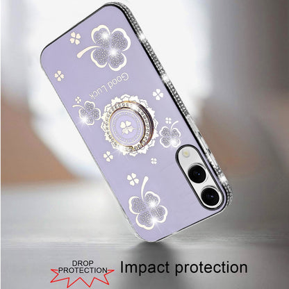 For Samsung Galaxy S25 EDGE Diamonds Bling All Around Edges Sparkly Glitter Hybrid with Ring Stand Holder Fashion Good Luck Case Cover