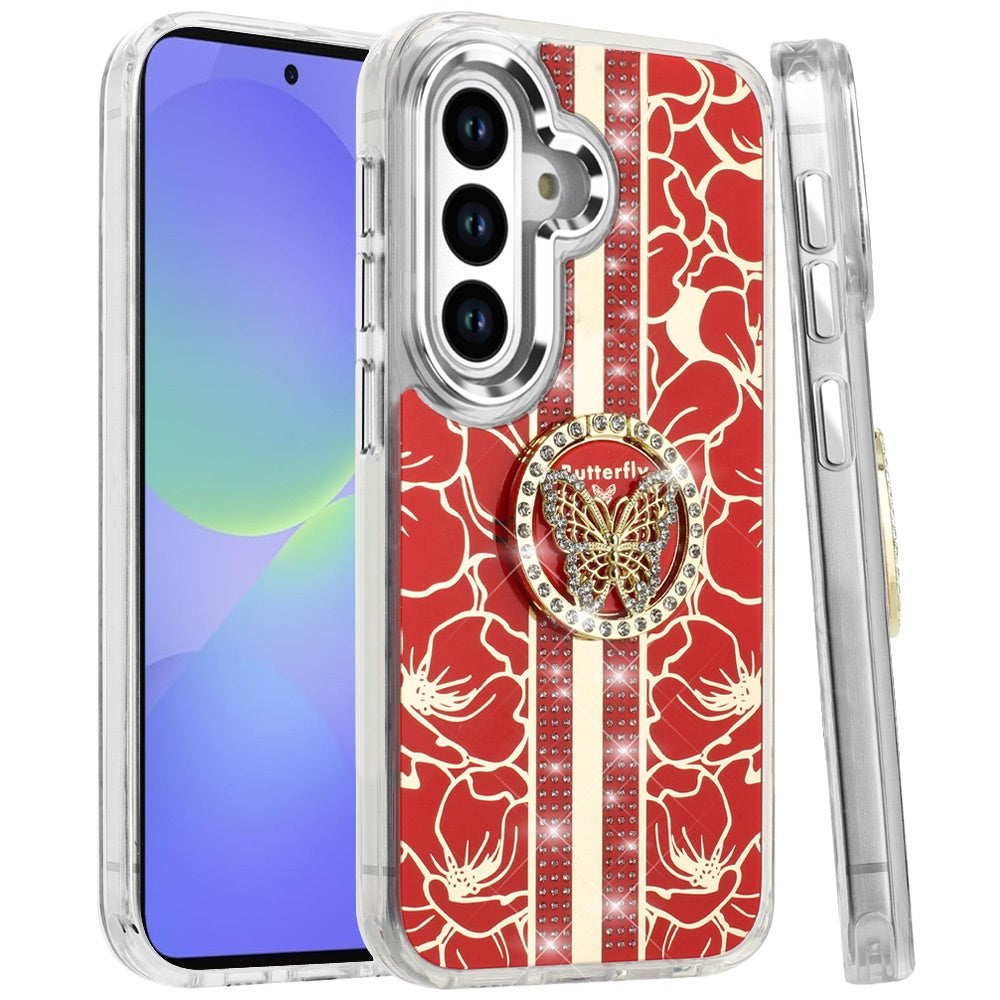 For Samsung Galaxy A36 Diamonds 3D Butterfly Floral Design Bling Sparkly Glitter Hybrid Metal Fashion with Ring Stand Case Cover