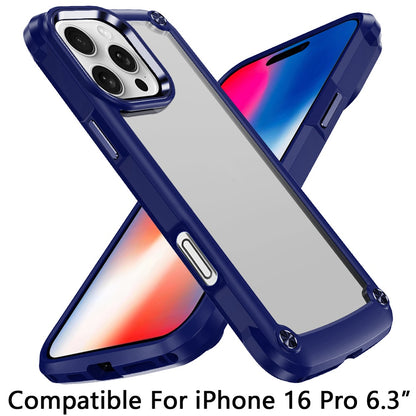 For Apple iPhone 16 Pro (6.3") Hybrid Transparent Rubber with Metal Buttons & Camera Edges Hard TPU Corner Bumper Case Cover