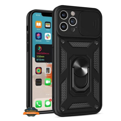 For Apple iPhone 16 Pro (6.3") Built in Sliding Camera Lens Protection & Finger Ring Stand Holder Hybrid PC Shockproof Case Cover