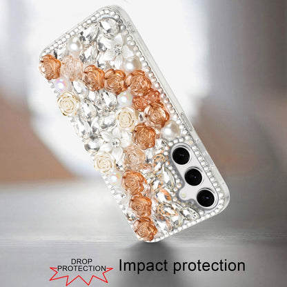 For Samsung Galaxy A36 Fashion Rose Flower Floral Bling Crystal 3D Full Diamonds Pearl Sparkle Rhinestone Glitter Hybrid Case Cover