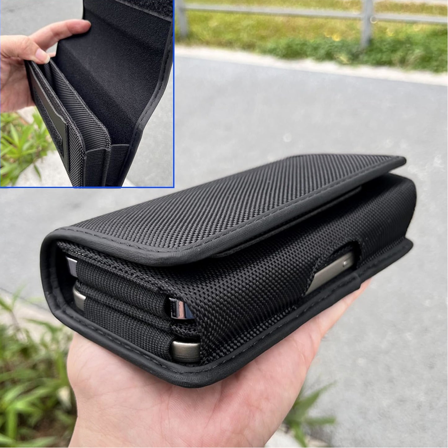 For Apple iPhone 16 Plus (6.7") Universal Dual Phone Holster Horizontal Pouch for 2 Phones, Double Decker Belt Clip Case with Credit Card Slots Wallet Cover [Black]