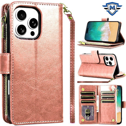 For Apple iPhone 16 (6.1") Premium Leather Zipper Wallet with Credit Card Slots Money Pocket Luxury Clutch Pouch Stand & Strap Case Cover Rose Gold