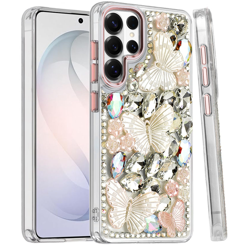 For Samsung Galaxy S26 Ultra 3D Diamond Floral Butterfly Bling Stone Hybrid, Sparkly Rhinestone Gemstone Back Shockproof Case Cover
