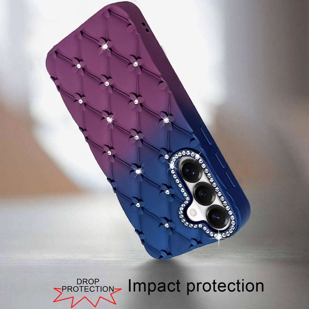For Samsung Galaxy S26 Fashion Flower Design Sparkle Glitter Shimmer Rhinestone Bling Floral Accents, Leather Texture TPU Case Cover