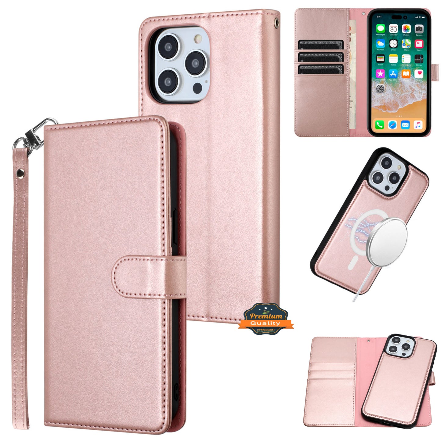 For Apple iPhone 16 Pro (6.3") Deattachable PU Leather Hybrid Wallet Money Credit Card Holder Support Magsafe Charger Case Cover Rose Gold