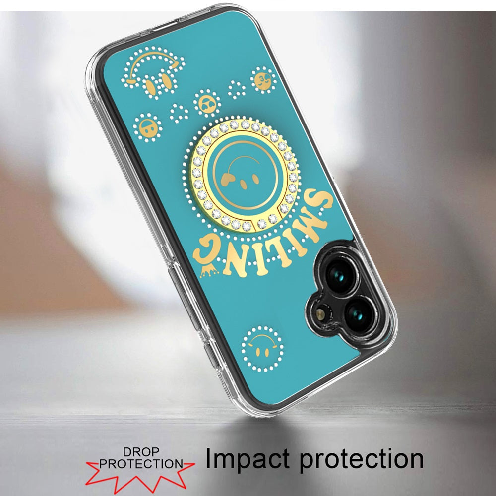 For Apple iPhone 17E /16E Smiling Glitter Bling Ornament Hybrid Shockproof Stylish Sparkle Design Secure Grip Durable Protection Case Cover Blue