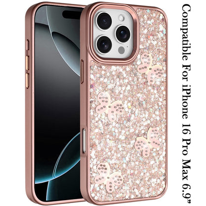Phone Case for Apple iPhone 16 Pro Max Cute Butterfly Diamond Glitter Metallic Hybrid Shockproof Shimmer Grip Stylish Protective Luxury Designer Cover