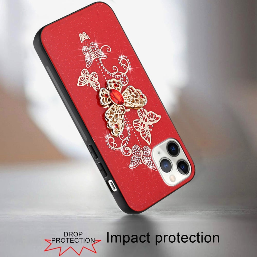 For Apple iPhone 12 Pro Max Diamonds 3D Butterfly Bling Sparkly Glitter Ornaments Engraving Hybrid Metal Fashion Case Cover Garden Butterflies Red