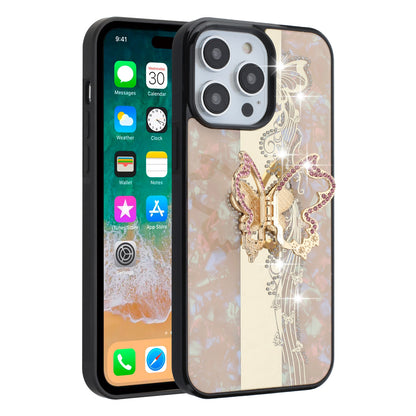 For Apple iPhone 16 Pro (6.3") Diamond Bling Sparkly 3D Back Ornaments Engraving Hybrid with Stand Fashion Case Cover Enchanted Butterfly Gold
