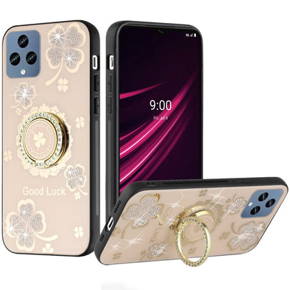 For Motorola Moto G 5G 2025 Diamonds 3D Fashion Floral Bling Sparkly Glitter Ornaments Engraving Hybrid with Ring Stand Case Cover Gold Good Luck Floral