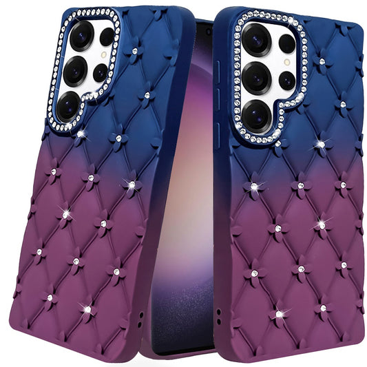 For Samsung Galaxy S23 Ultra Fashion Flower Design Sparkle Glitter Shimmer Rhinestone Bling Floral Accents, Leather Texture TPU Case Cover