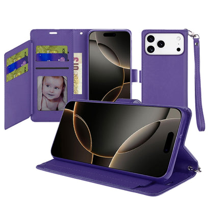 For Apple iPhone 17 Pro (6.3") Wallet Cases PU Leather with Credit Card /ID /Cash Holder Slot Dual Flip Book Pouch, Stand and Strap Case Cover