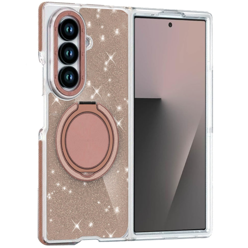 For Samsung Galaxy Z Fold 7 Slim Bling Glitter Sparkly Shimmer Hybrid with Magnetic Ring and 360° Rotational Stand [Compatible with Magsafe] Case Cover