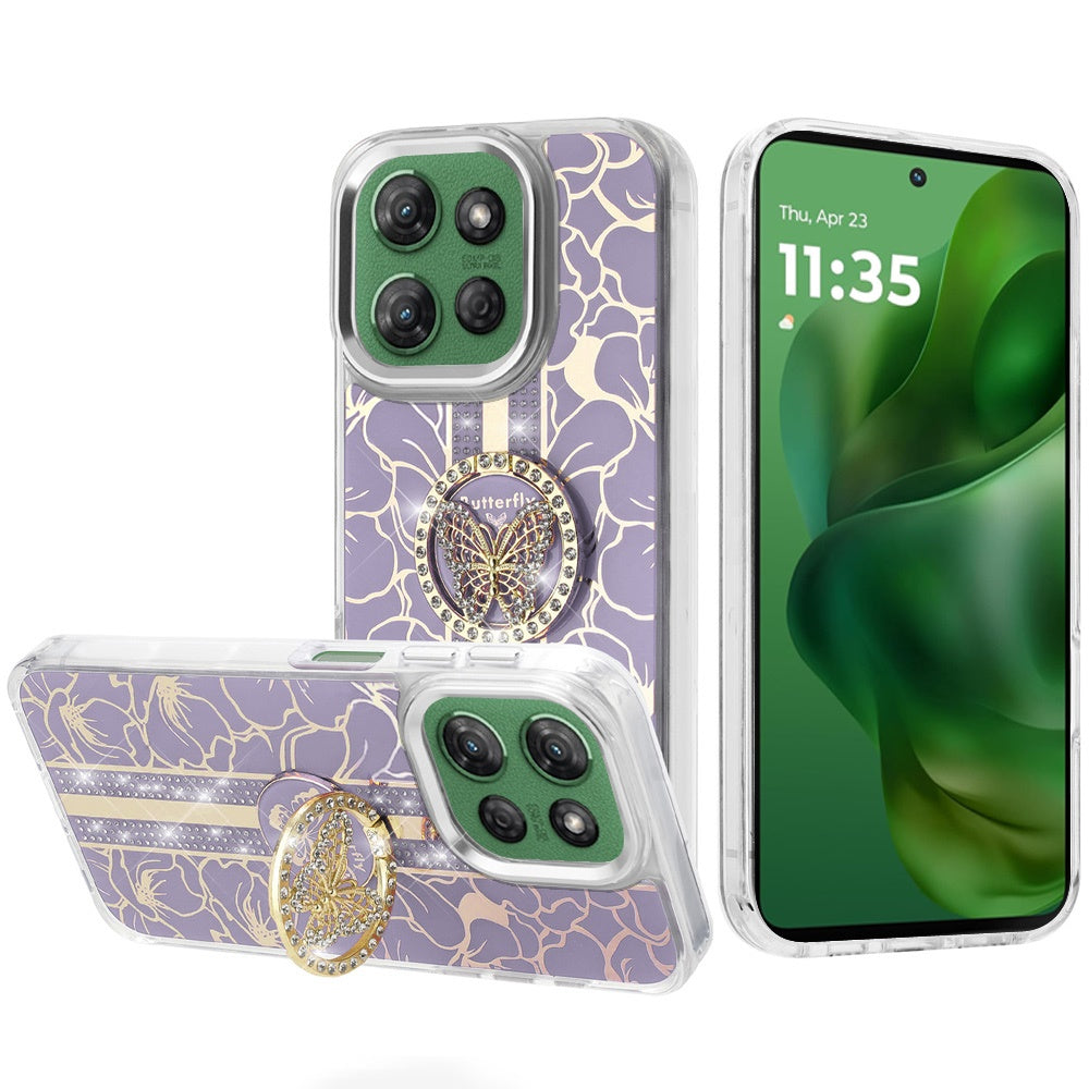 For Motorola Moto G Power 5G 2025 Diamonds 3D Butterfly Floral Design Bling Sparkly Glitter Hybrid Metal Fashion with Ring Stand Case Cover