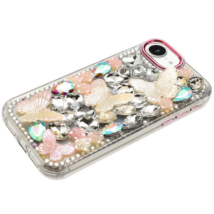 For Apple iPhone 16e 3D Diamond Floral Butterfly Bling Stone Hybrid, Sparkly Rhinestone Gemstone Back Shockproof Case Cover
