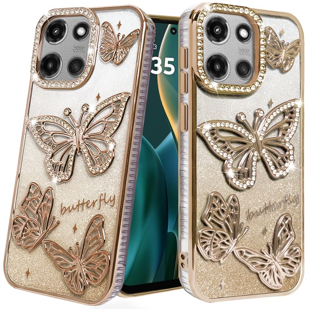 For Motorola Edge 2025 Luxury Butterfly Sparkle Glitter Diamond Crystal Rhinestone Shimmer Bling Plating Thick TPU Hard PC Case Cover