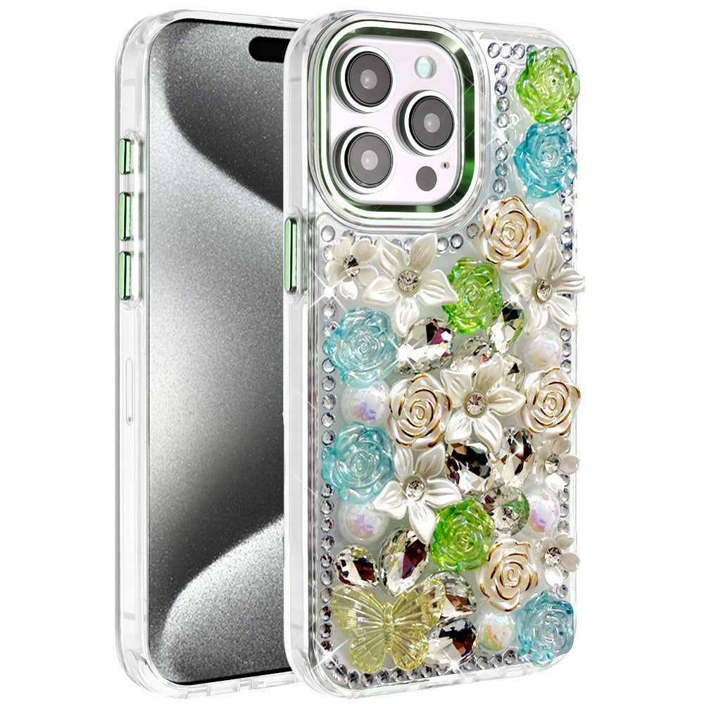For Apple iPhone 15 Pro Max 3D Diamond Floral Roses Flower Bling Stone Hybrid, Sparkly Rhinestone Gemstone Back Shockproof Case Cover Green