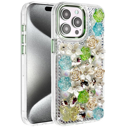 For iPhone 14 Pro Max (6.7") 3D Diamond Floral Roses Flower Bling Stone Hybrid, Sparkly Rhinestone Gemstone Back Shockproof Case Cover Green