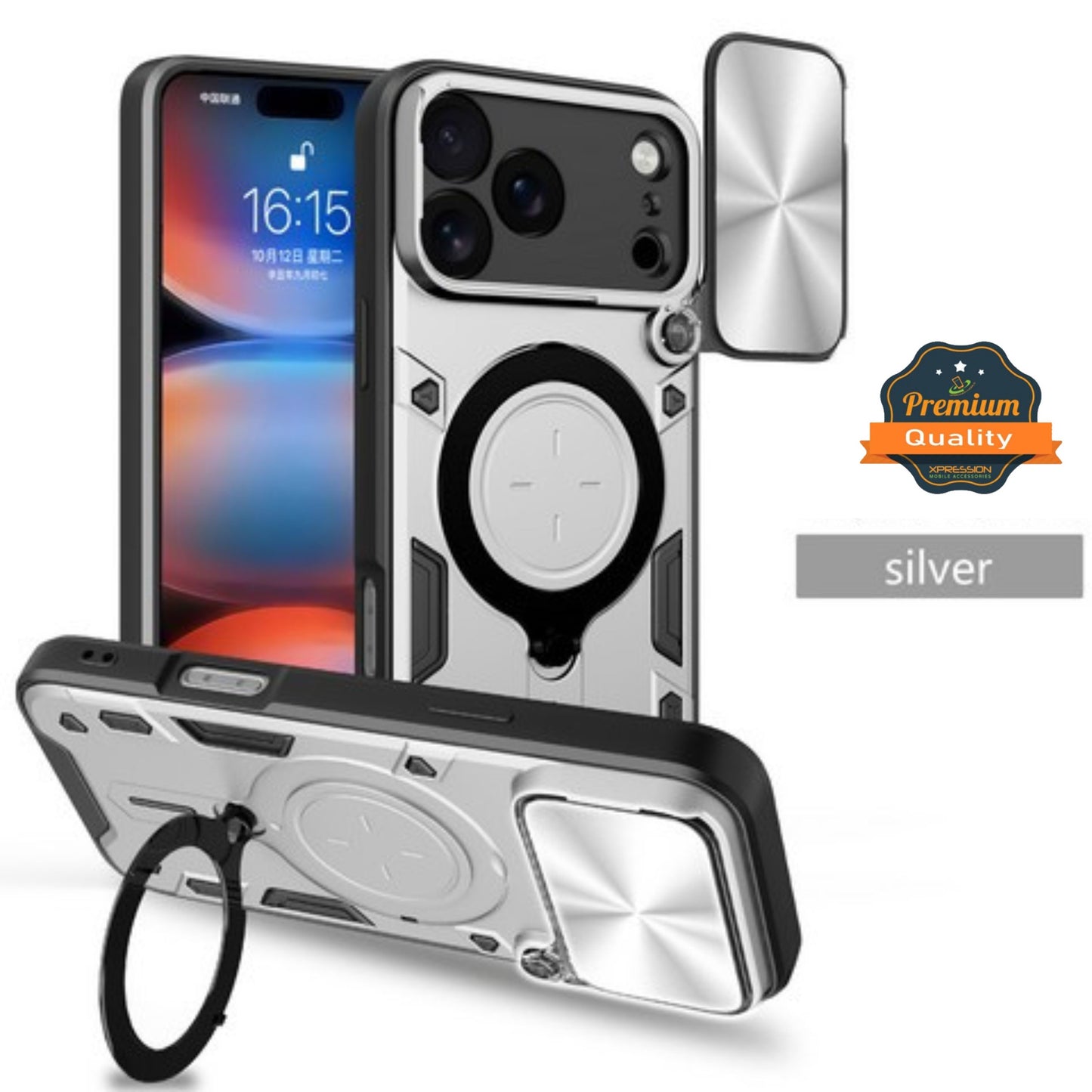 For Apple iPhone 17 Pro Max Hybrid Shockproof with Magnetic Ring Stand, Compatible with Magsafe & Sliding Camera Lens Protector Case Cover
