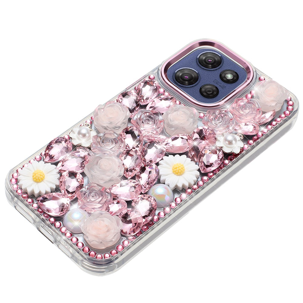 For Motorola Moto G Power 5G 2025 Fashion Daisy Floral Series, Full 3D Bling Crystal Diamonds Sparkling Rhinestone Glitter Hybrid Design Case Cover