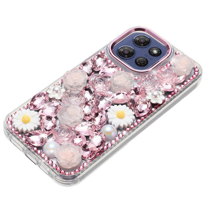 For Motorola Moto G Power 5G 2025 Fashion Daisy Floral Series, Full 3D Bling Crystal Diamonds Sparkling Rhinestone Glitter Hybrid Design Case Cover