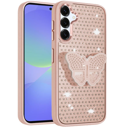 For Samsung Galaxy A36 Butterfly Moveable Grip 3D Pop Stand Full Diamond Bling Sparkling TPU Fashion Hybrid Case Cover