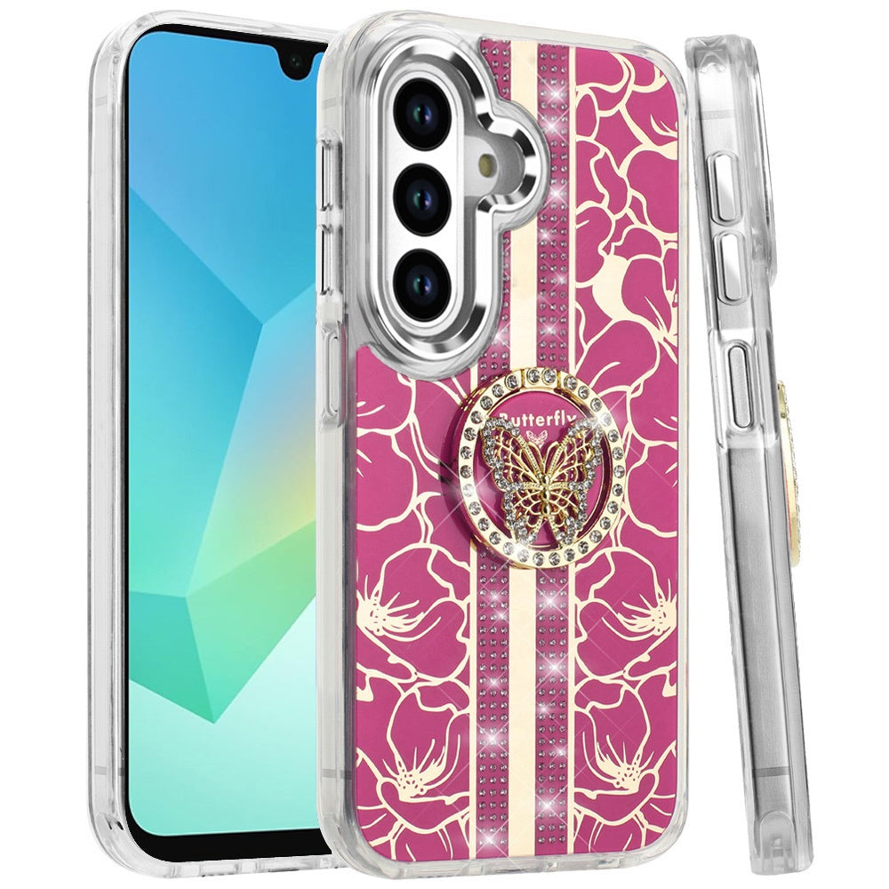 For Samsung Galaxy A16 5G Diamonds 3D Butterfly Floral Design Bling Sparkly Glitter Hybrid Metal Fashion with Ring Stand Case Cover