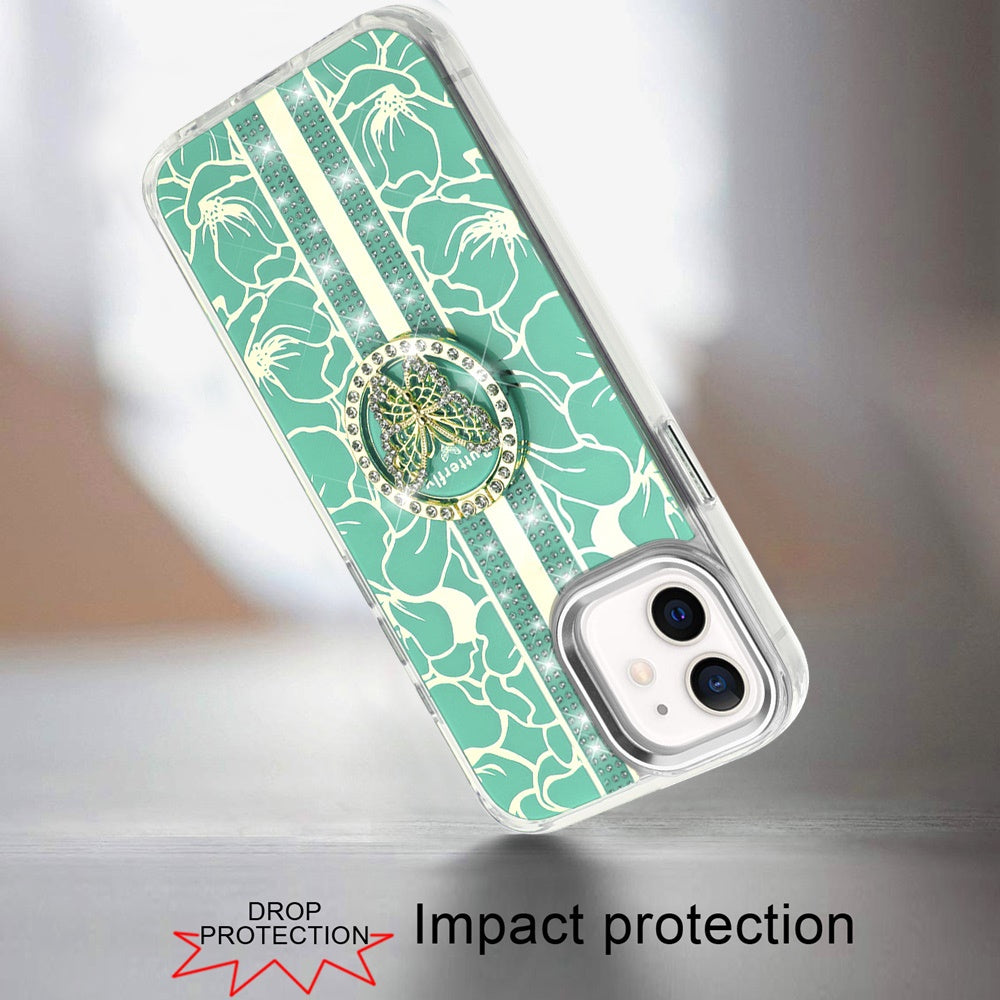 For Apple iPhone 16 Pro Max (6.9") Diamonds 3D Butterfly Floral Design Bling Sparkly Glitter Hybrid Metal Fashion with Ring Stand Case Cover